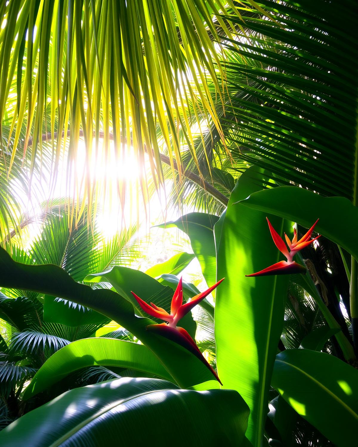 Tropical garden with palm fronds and heliconia flowers