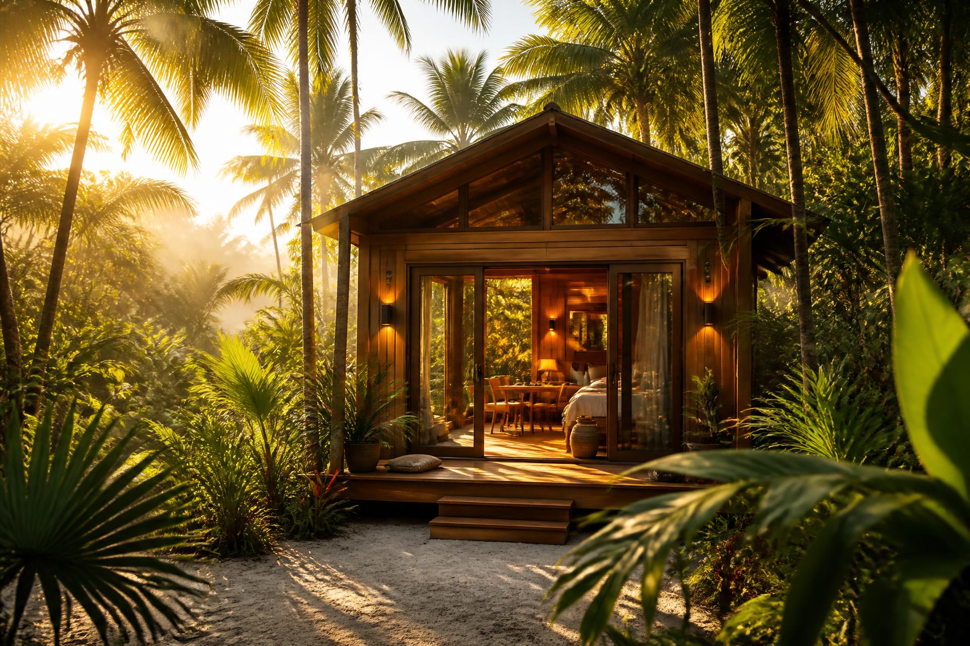 Eco cabin among palm trees at golden hour