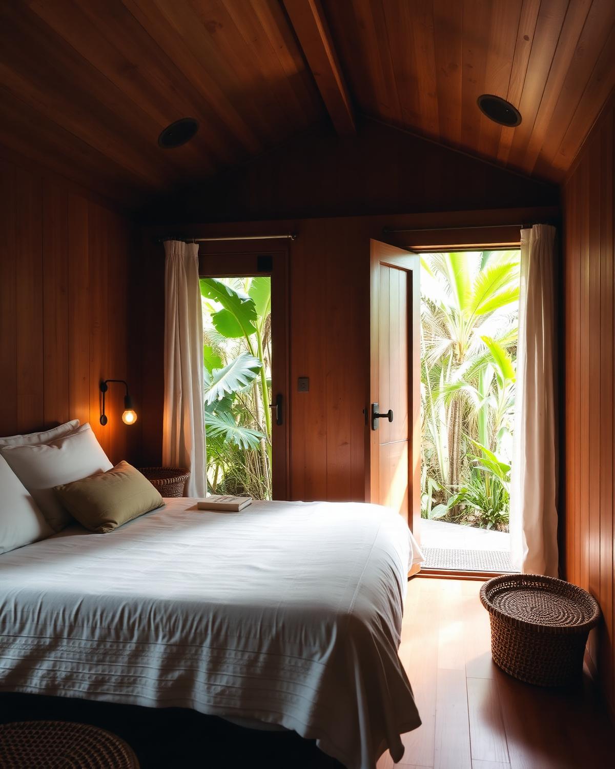 Warm wooden cabin interior with white linen bed