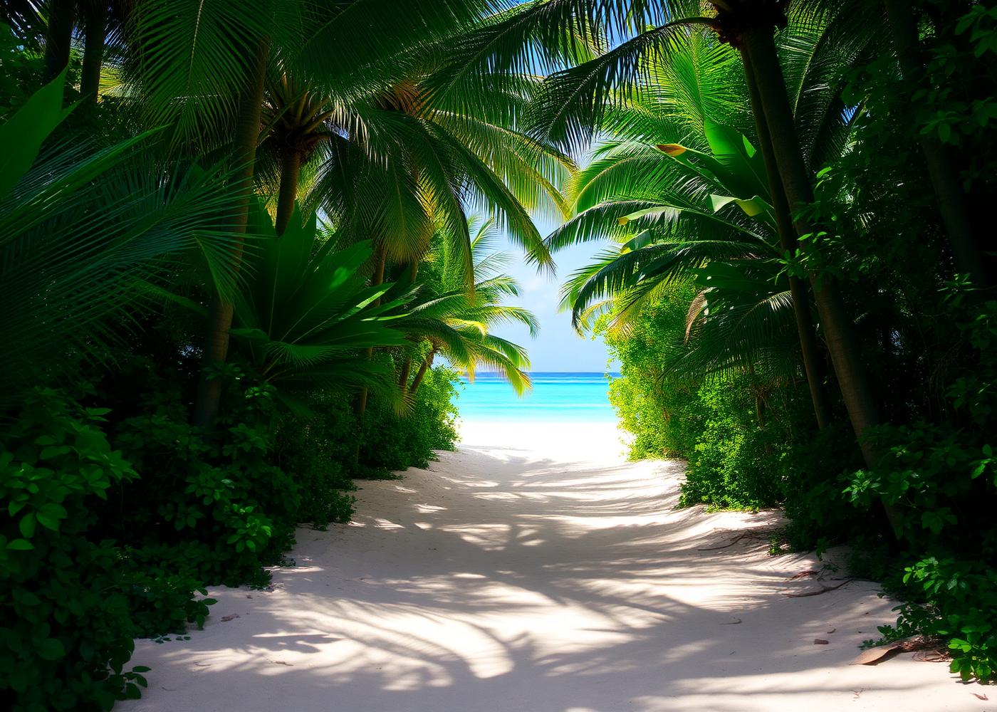 Jungle path opening onto white sand and turquoise water