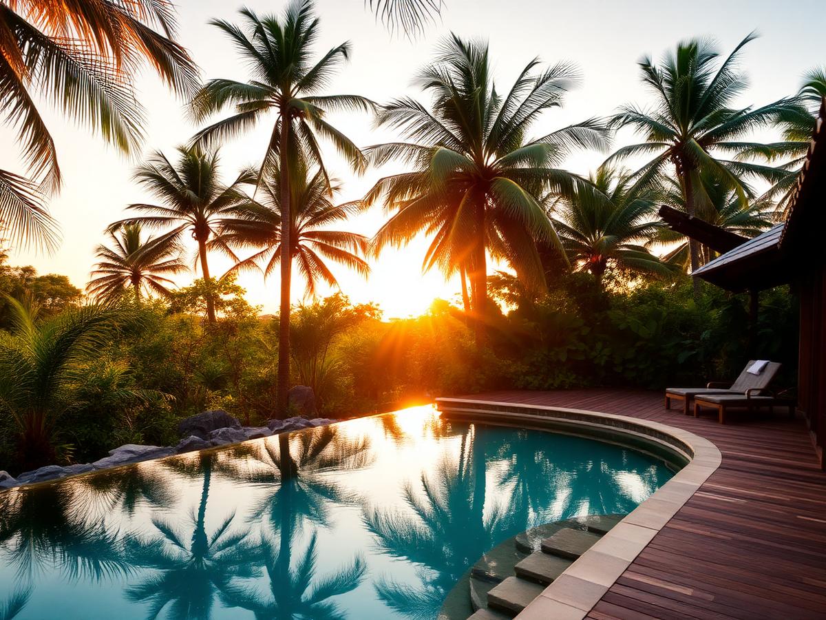 Swimming pool surrounded by palms at sunset