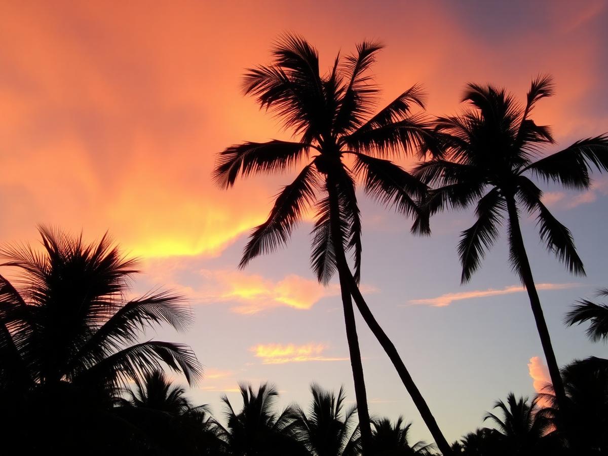 Sunset behind palm silhouettes