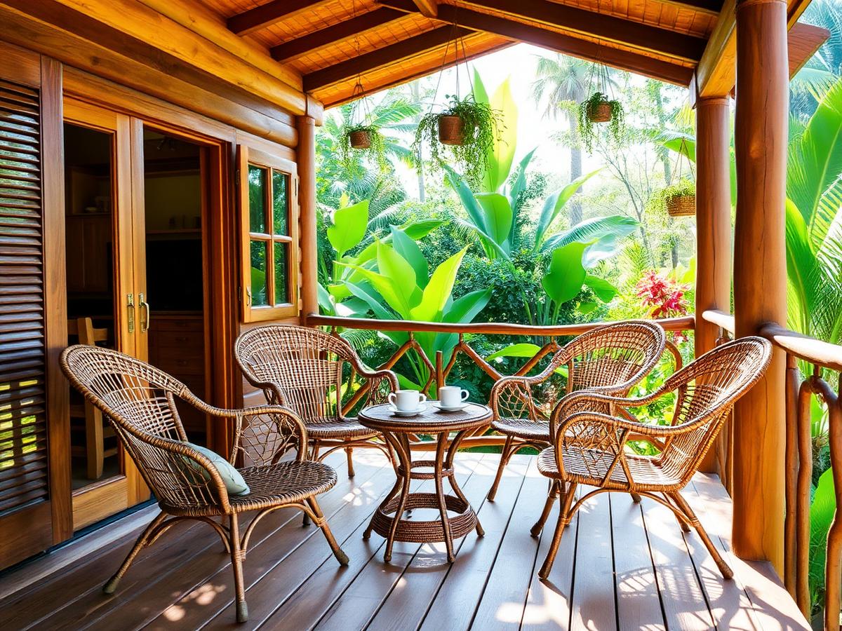 Outdoor terrace with rattan chairs and morning coffee
