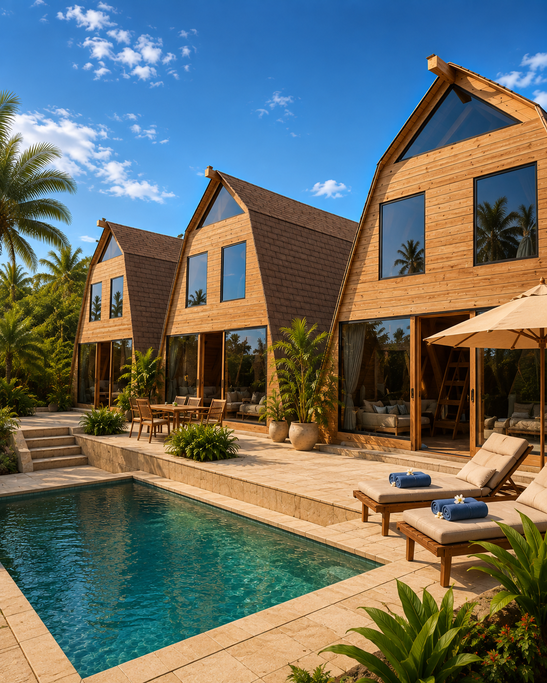 Wooden A-frame eco villas beside a turquoise pool with loungers and tropical plants